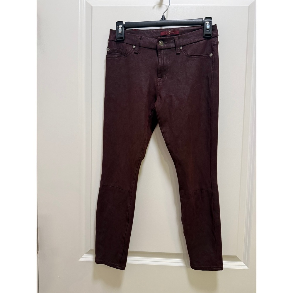 7 For All Mankind Coated Skinny Jeans Burgundy Wine Leather Look Size 26